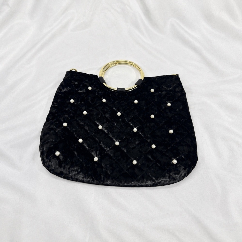 Black Velvet Quilted Handbag Purse With Faux Pearls With Gold Spring Handles
